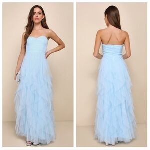Lulus Delightful Beauty Blue Mesh Strapless Ruched Ruffled
Maxi Dress